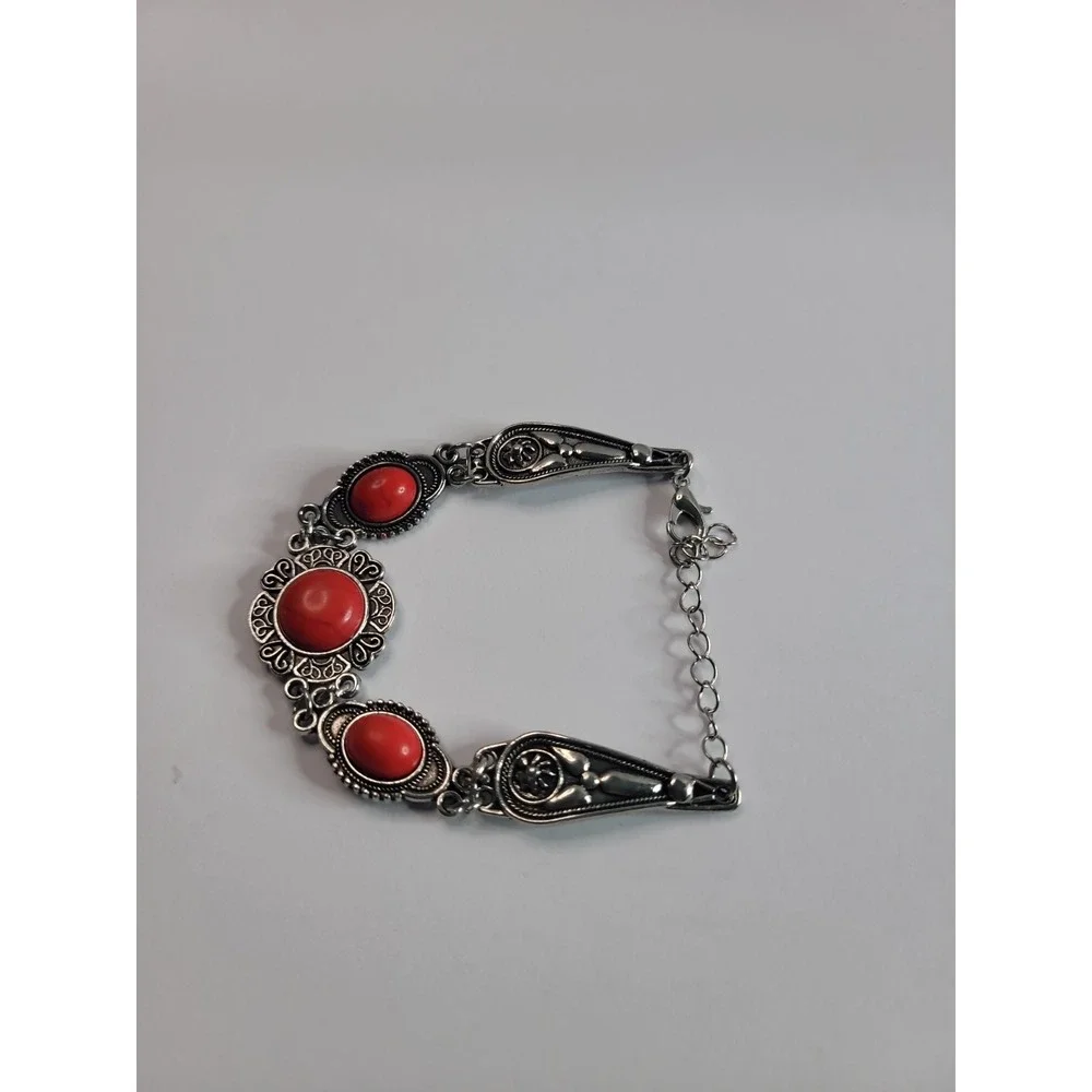 Silver Tone Red Cabochon Filigree Statement Bracelet Adjustable Boho